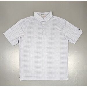 Straight Down Polo Shirt Mens Large White Geometric Print Golf Lake Tahoe UPF 5P